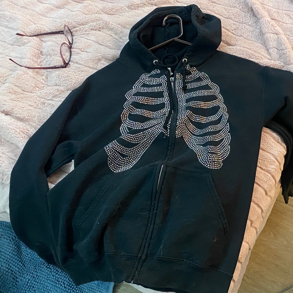 Black Rhinestone Wing Zip-Up Hoodie - Women's Jacket